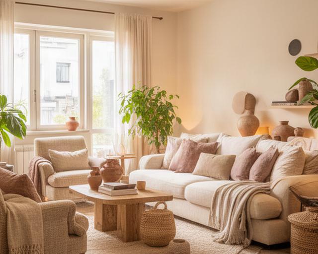 Ambiente cálido decorado con accesorios decorativos, almohadones y fibras naturales en un living luminoso de Campana